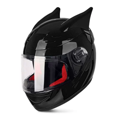 Motorcycle Helmet with Dragon Horns, Universal Helmet for Men and Women, Full-Face Helmet, Electric Vehicle Helmet, in Stock (Motosiklet kaskı (dəbilqə)) - bright-black-dragon-horn-transparent-lenses-s