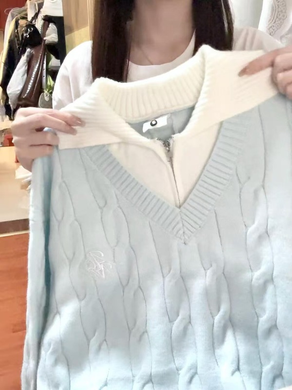 蓝色假两件翻领麻花毛衣女秋冬宽松慵懒风加厚时尚外穿针织衫上衣|undefined