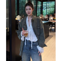 现货 秋季新款韩系巴恩风复古水洗做旧多口袋宽松立领工装外套女