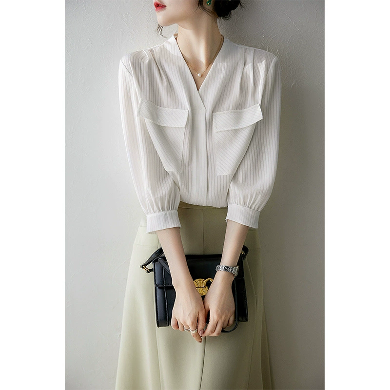 Женская рубашка с полосатым воротником и рукавами 7/8, уникальный и шикарный дизайн, чистый и роскошный, легкий и роскошный, женственный и модный топ.