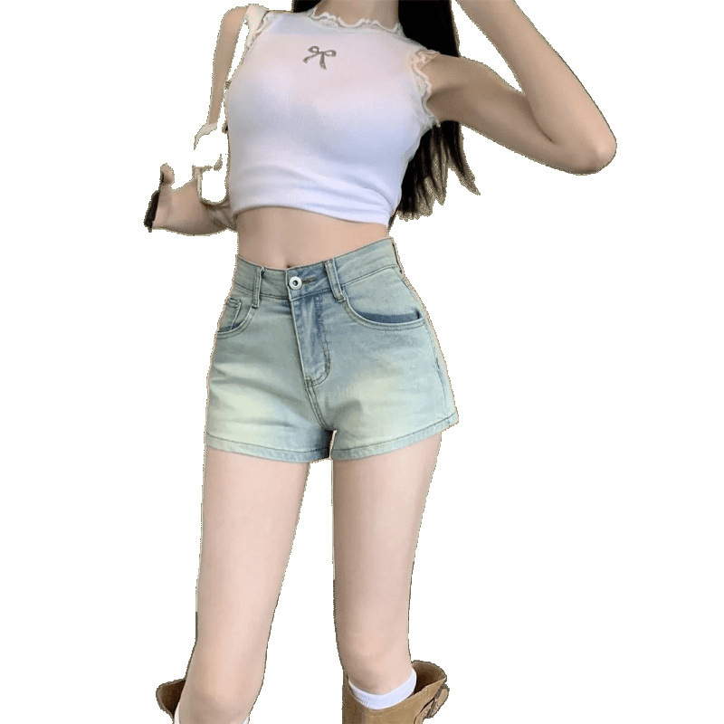 アメリカンホットガールレトロストレートウォッシュデニムショートパンツ夏インタイトハイウエストスリムパンツホットパンツ|undefined