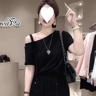 【40支酷丝爽棉螺纹】斜领短袖T恤女2025夏季新款设计感宽松显