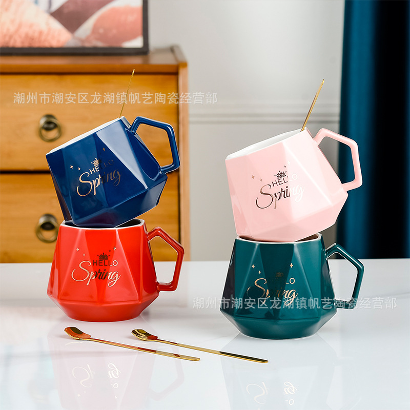 Ceramic Cup Diamond-Shaped Coffee Cup Set with Lid Spoon Mug Souvenir Gift Wedding Gift Box Custom Environmentally Friendly White Porcelain