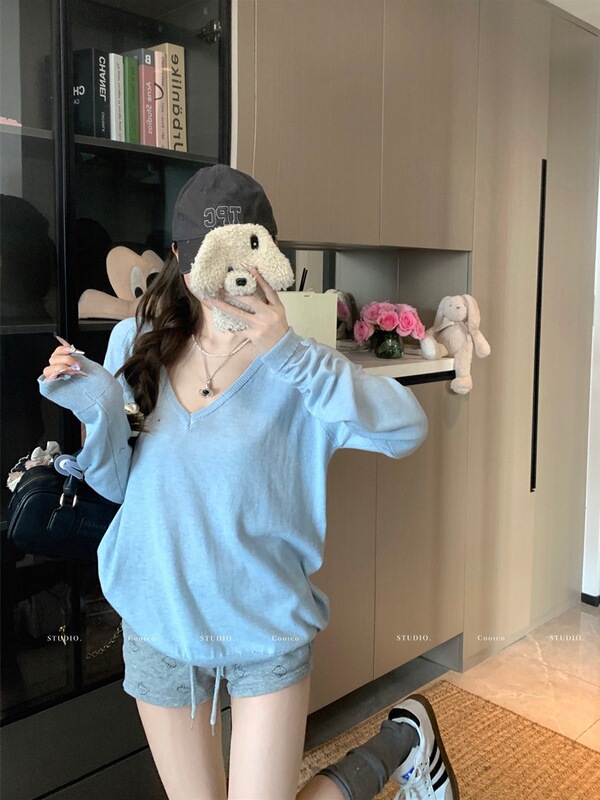 薄款慵懒风V领长袖针织T恤女秋季新款韩版宽松显瘦百搭防晒衫上衣|undefined