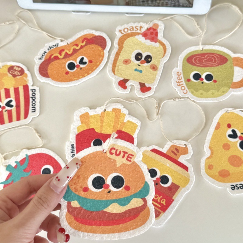 Runchu Sponge Wood Pulp Sponge Kitchen Special Dishwashing Cloth Cartoon Burger Lanyard Wood Pulp Cleaning Cotton Dishwashing Wipe