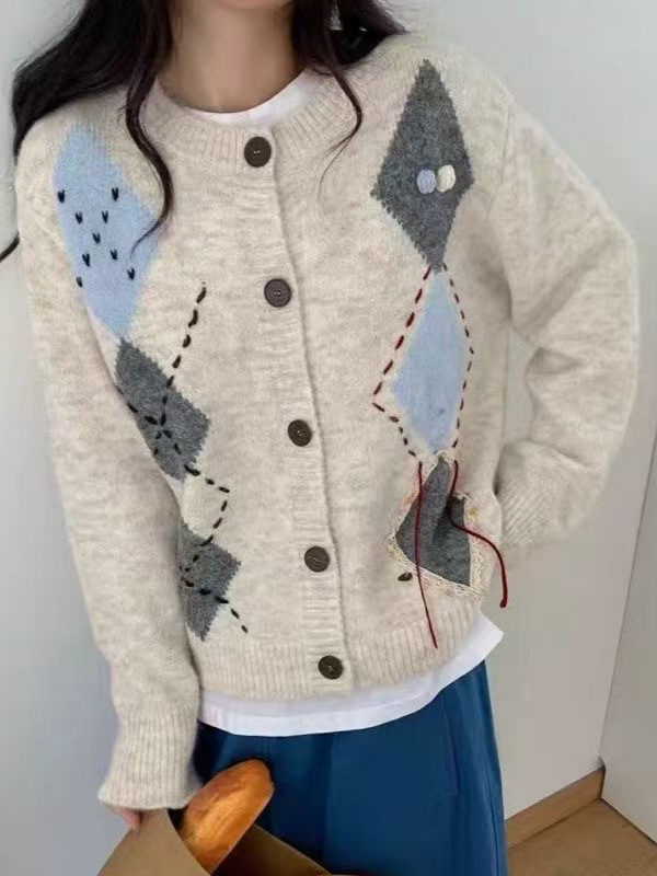 氛围感穿搭复古菱格圆领毛衣外套女秋冬宽松软糯慵懒针织开衫上衣|undefined