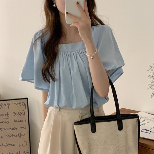 South Korean chic style niche pleated square neck short sleeve loose large bell sleeve short shirt top