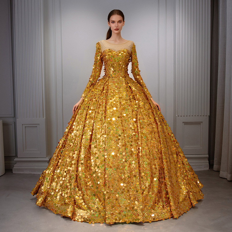 Foreign Trade European and American Sources 2026 Cross-Border Wedding Dress Bride Long-Sleeve Dreamy Sequin Performance Dress Puffy Skirt