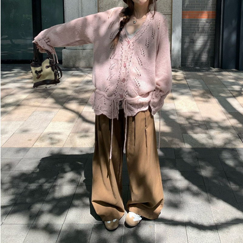 温柔抽绳钩花毛衣花边吊带套装粉色开衫紫色开衫其它其他|undefined