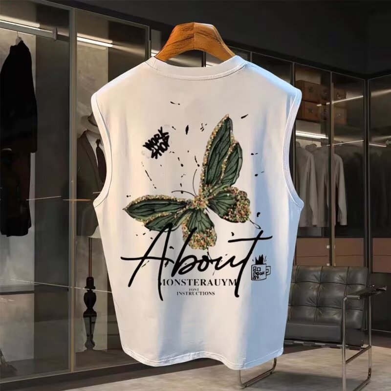 Sleeveless T-shirt for men, 2025 summer, loose fit, sports vest, trendy brand, fitness, basketball, printed top.