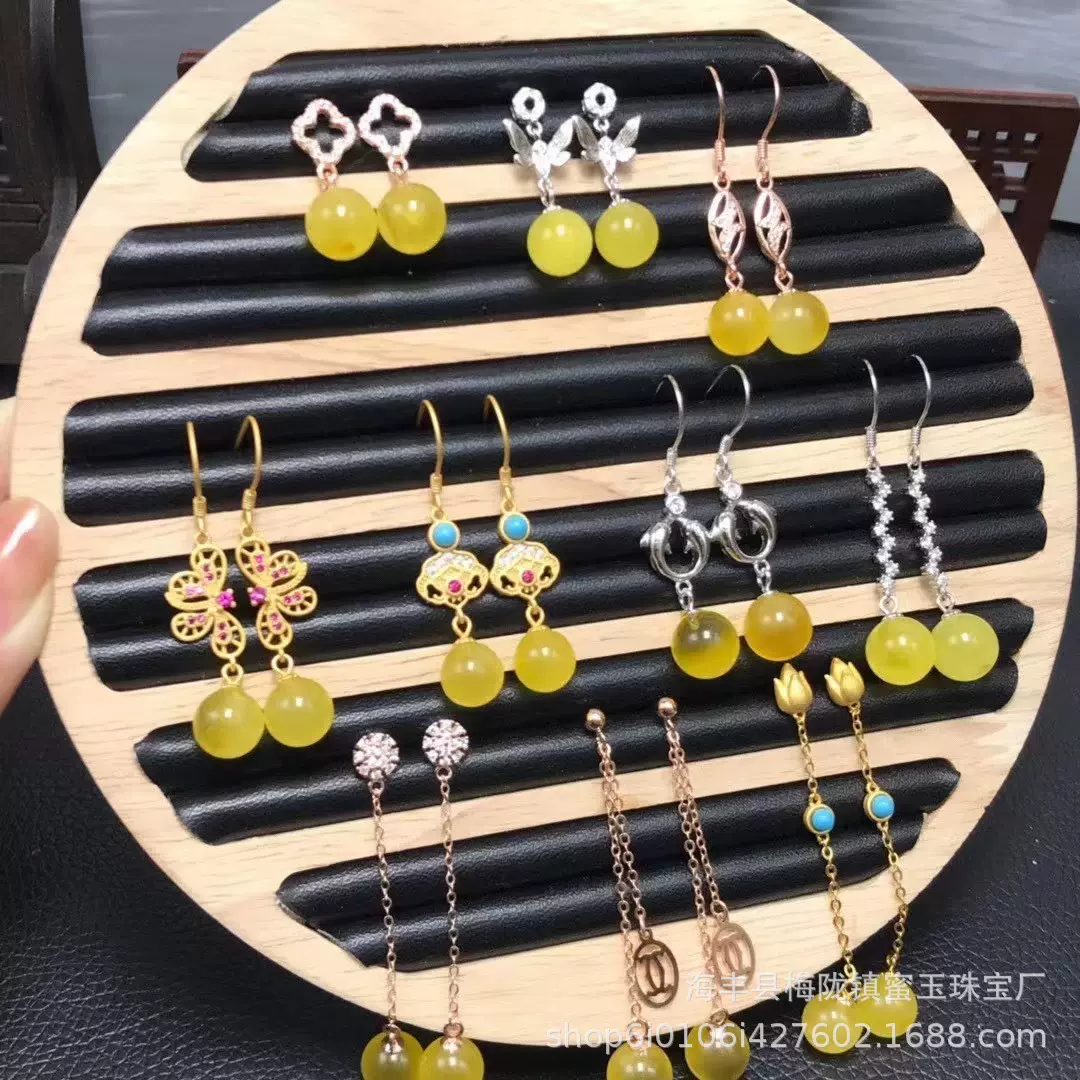 蜜蜡俄料鸡油黄圆珠耳坠耳钉耳环耳饰925银重工镶嵌鸡油黄蜜蜡