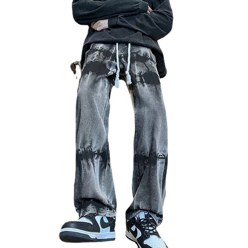 Pantalones europeos y americanos High Street Vibe ins marca de moda tie-dyed vintage drawstring jeans hombres American hiphop Pantalones rectos