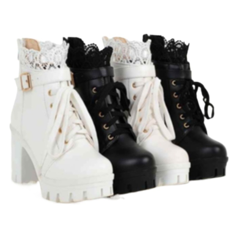 Short Barrel Spring Autumn and Winter Single Boots Women's Shoes Super High Heel Chunky Heel Lace-up Martin Boots British Style Short Boots White Large Size