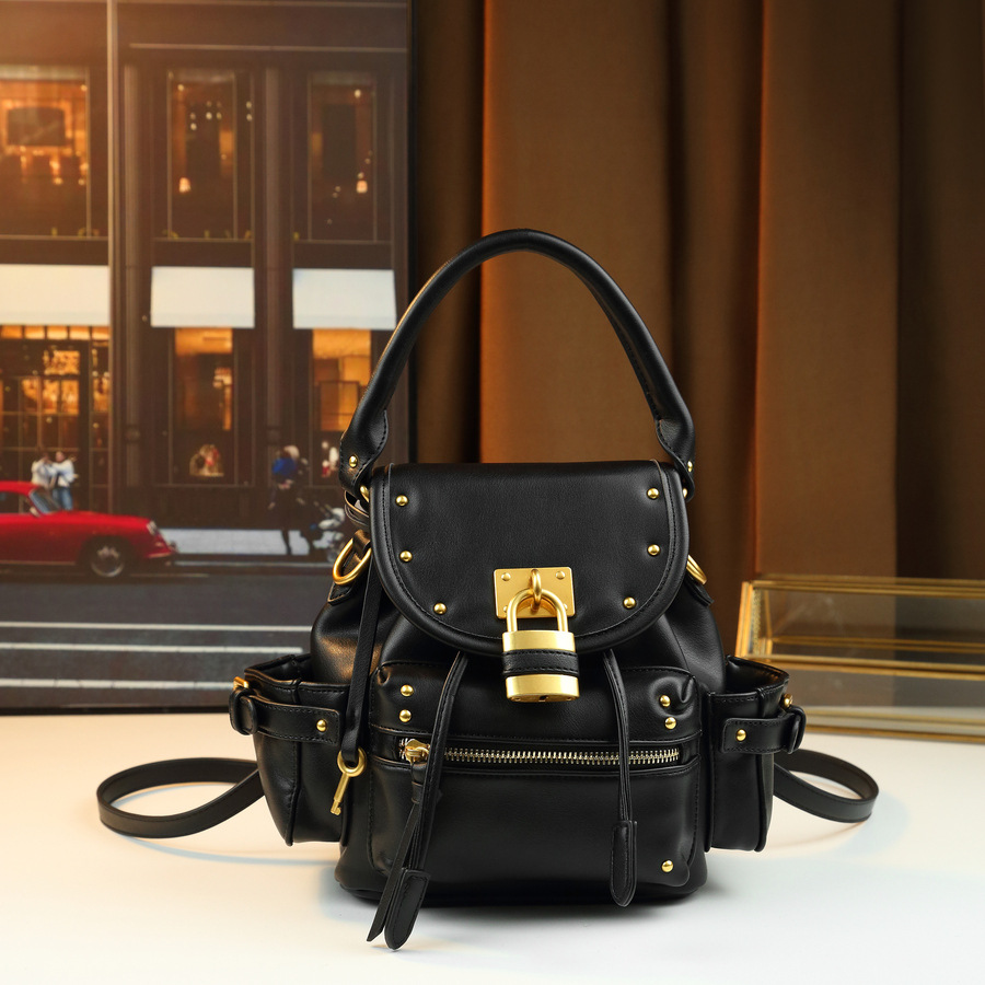 Borsa a mano retrò con lucchetto borchiato, media, multifunzionale, da donna, a tracolla, zaino da pendolare, in pelle PU con cerniera_voghion.com