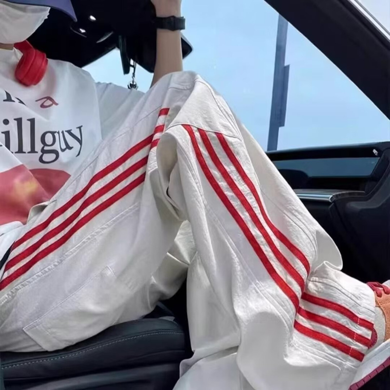 American High Street Style Three-Stripe Sports Casual Pants for Men, Summer Loose Straight Quick-Dry Ice Silk Thin Wide-Leg Long Pants American High Street Style Three-Stripe Sports Casual Pants for Men, Summer Loose Straight Quick-Dry Ice Silk Thin Wide-Leg Long Pants