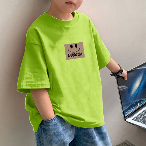 2018 Pure Cotton Summer Half-Sleeve Boys and Toddlers Summer Clothing Simple Loose Smiling Face Top T-Shirt for Older Children