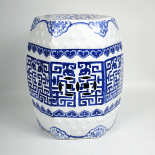 Chinese Hand-painted Blue and White Six-sided Ceramic Drum Stool Embroidered Stool Shoe Changing New Porcelain Pier Stool Bath Drum Pier Low Stool Dressing Stool