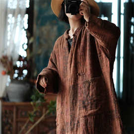 原创棉麻女装文艺复古宽松大袍连帽棉衣外套风衣1927