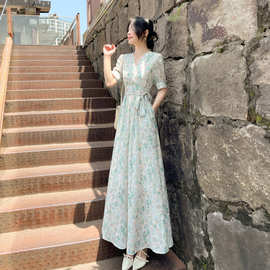 韩版印花中长款法式新款A字裙v领显瘦灰绿短袖开叉淑女风复古夏季