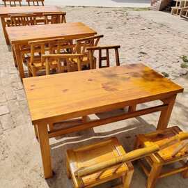 老榆木餐桌复古炭化色家用实木餐桌椅民谣酒馆方桌子烧烤火锅桌椅