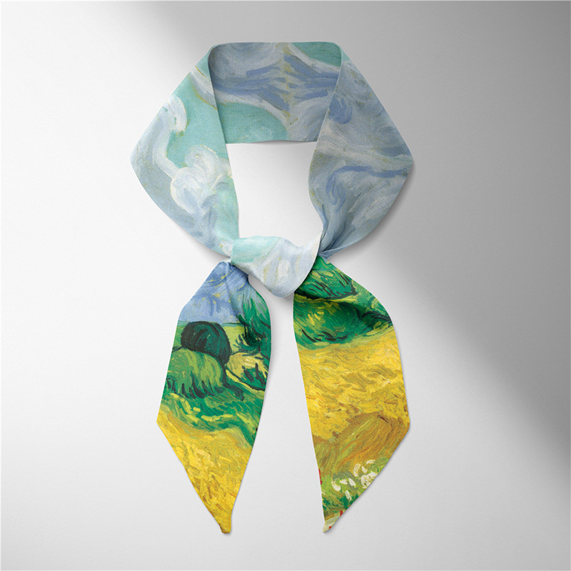 Verano larga pequeña bufanda de seda femenina Van Gogh campo de trigo cielo estrellado pintura al óleo delgada estrecha larga pequeña bufanda de seda corbata de pelo decoración femenina
