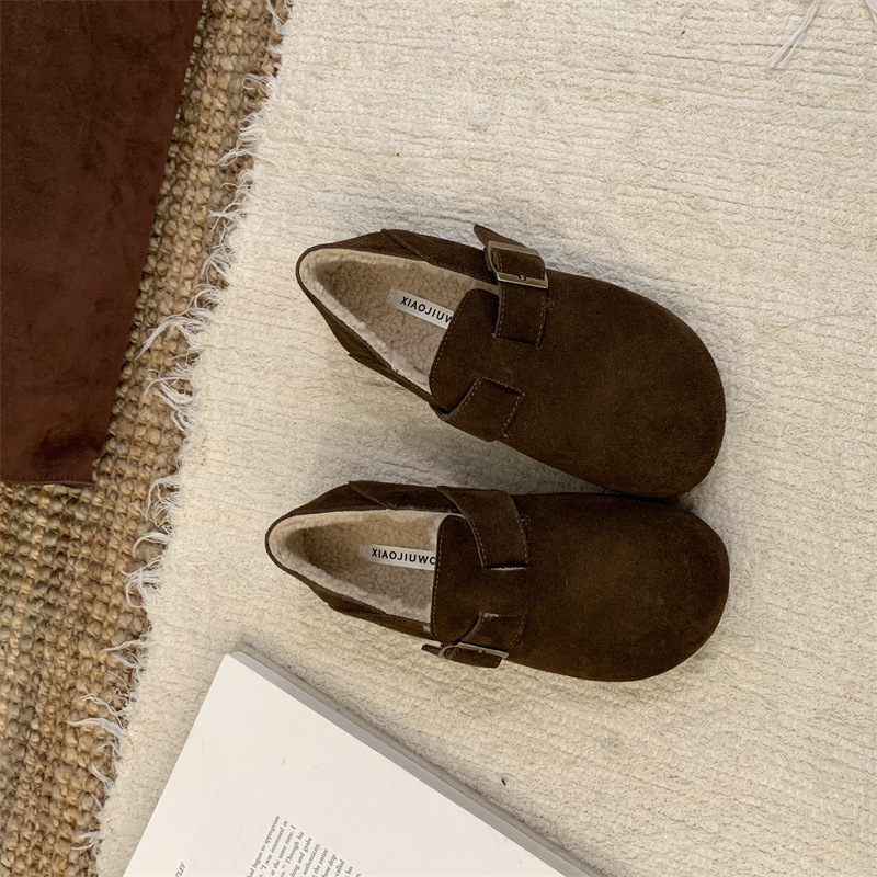 复古勃肯鞋女加绒冬2025新款一脚蹬平软底舒适豆豆休闲棉单鞋