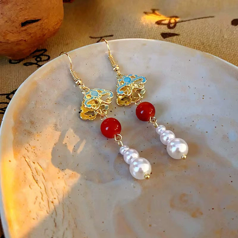 Длинное жемчужное кимоно Hanfu с ретро серьгами, золото 14k, украшение для женщин