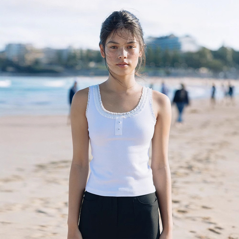 Tannat Pure Color Lace Camisole Women's Summer New Korean Style Lace Sleeveless U-Shaped Collar Knitted Top