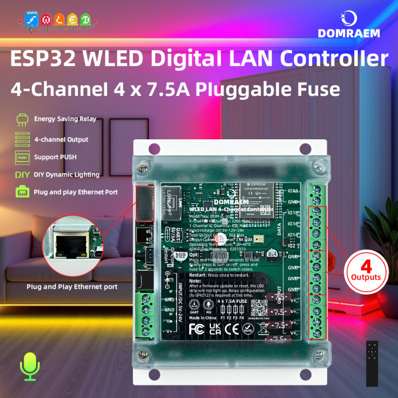Domraem Esp32 Wled Ethernet 4-Channel Digital Led Strip Controller Rail-Mounted 30A Domraem Esp32 Wled Ethernet 4-Channel Digital Led Strip Controller Rail-Mounted 30A