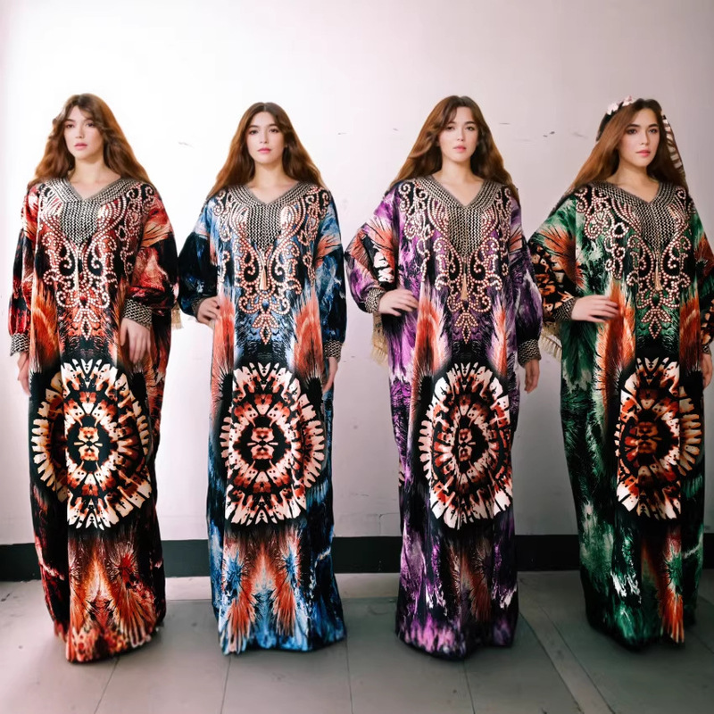 Ah8882 #   New Style Long-Sleeved Loose-Fitting Woven Collar Robe with Rhinestones and Tassels, Made of Rayon with Double-Sided Printing.