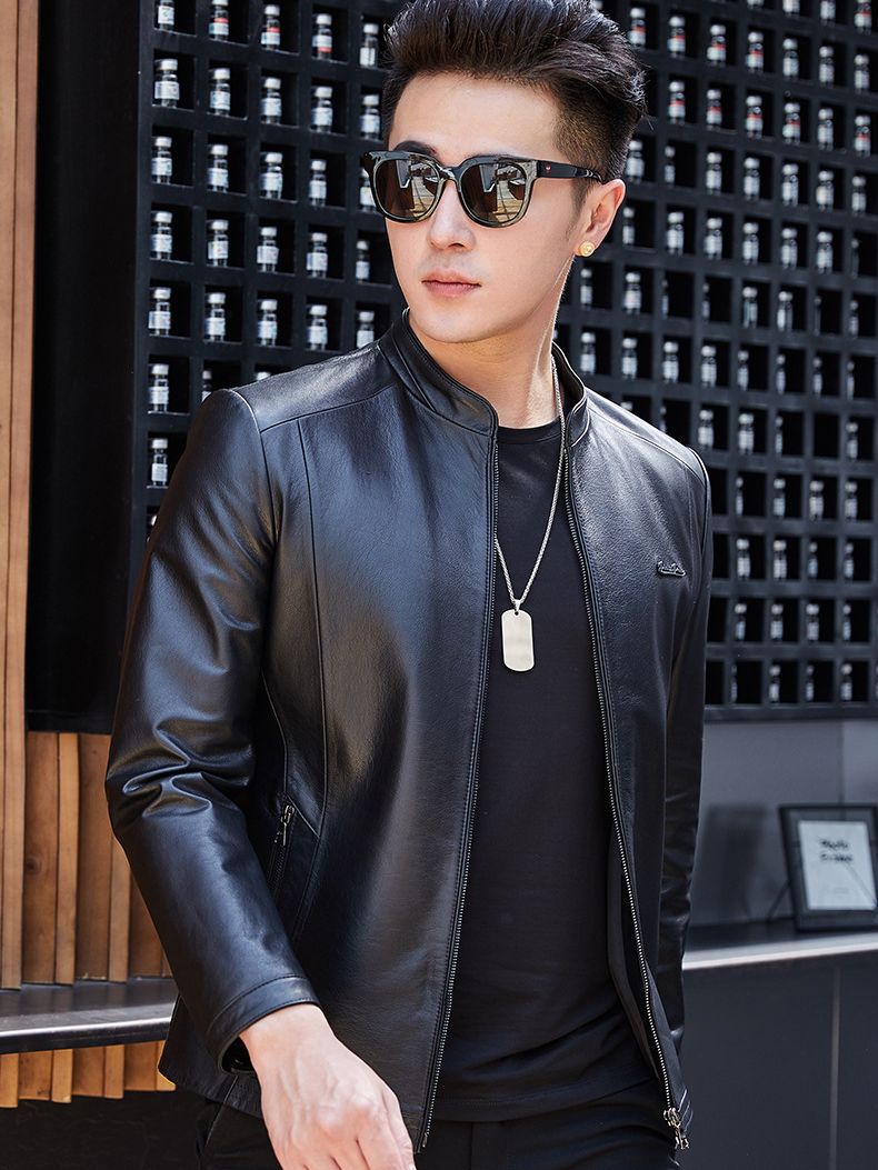 New Leather Men's Haining Leather Collar Layer Cowhide Autumn and Winter Middle-aged Business Casual Black Leather