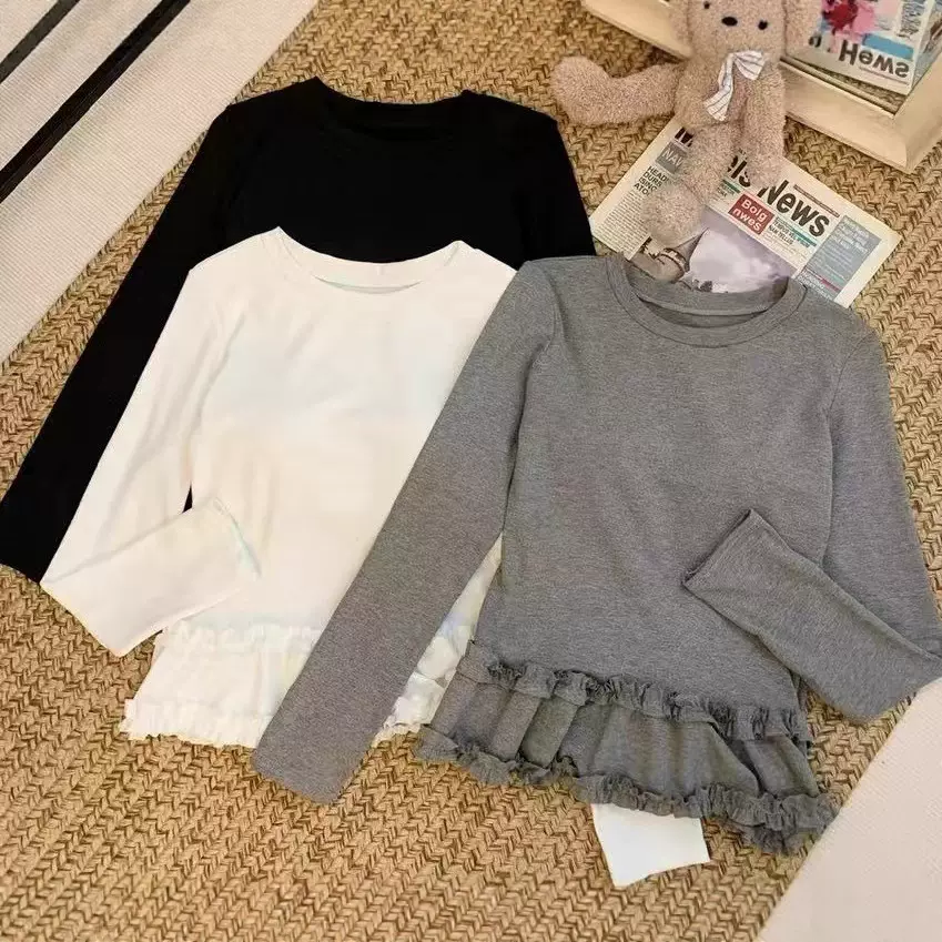 纯欲木耳边下摆纯色长袖圆领T恤女带胸垫上衣百搭正肩打底衫