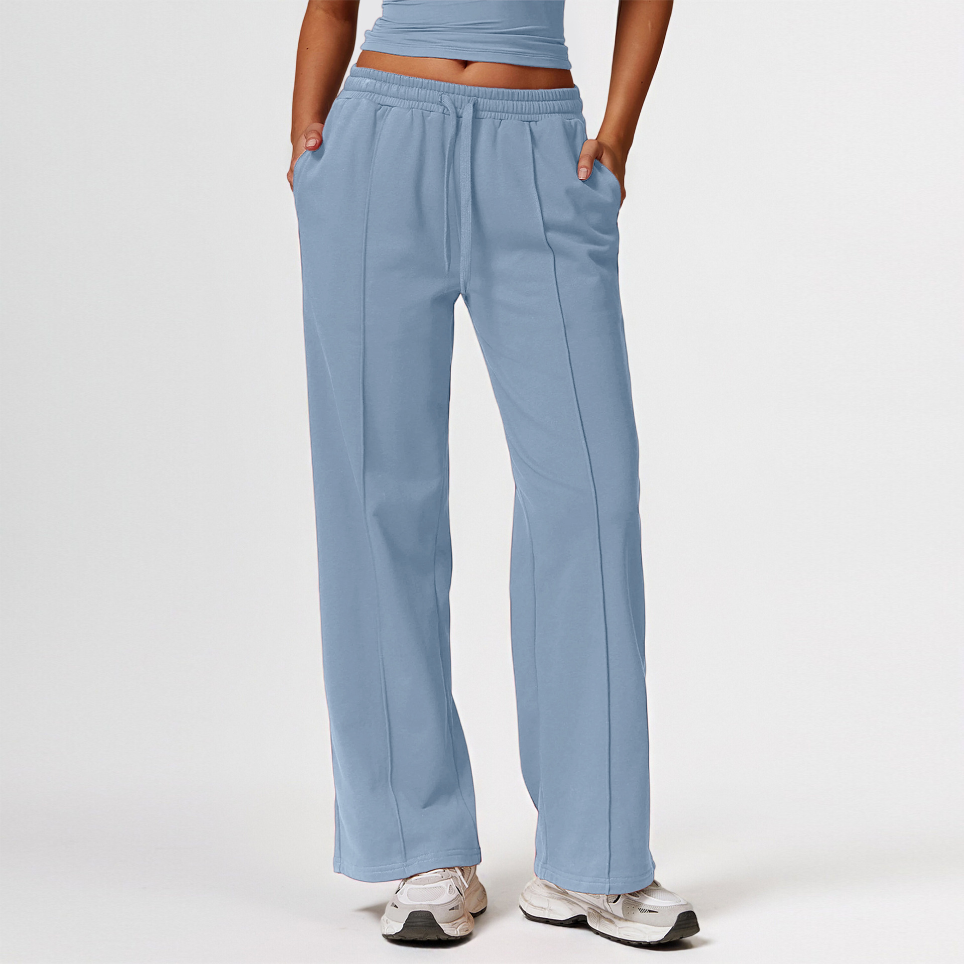 Primavera y otoño nuevos pantalones deportivos de alta cintura sueltos de bolsillo pantalones casuales rectos en el exterior pantalones deportivos versátiles mujeres