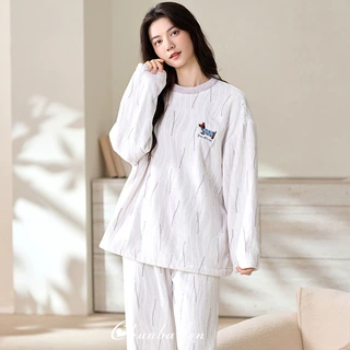 淳佰芬睡衣女冬季套装秋冬款长袖珊瑚绒加绒加厚法兰绒女士家居服