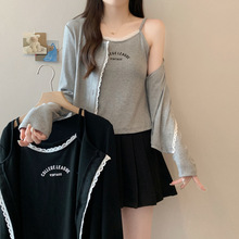 肥柒柒大码胖mm2025秋季新款拼接蕾丝内搭吊带开衫两件套韩系套装