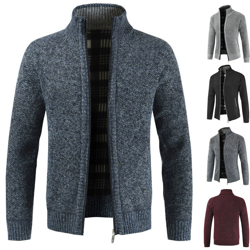 Men’s winter zip sweater coat, knit outer with lined interior, stand collar, M–XXXL