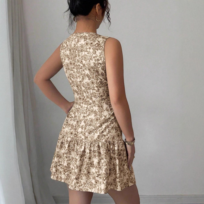 Women's Bohemian Style Floral Print Mini Dress Sleeveless Belted French Elegance Thin Summer Fashion Clothing_ecoleips.com