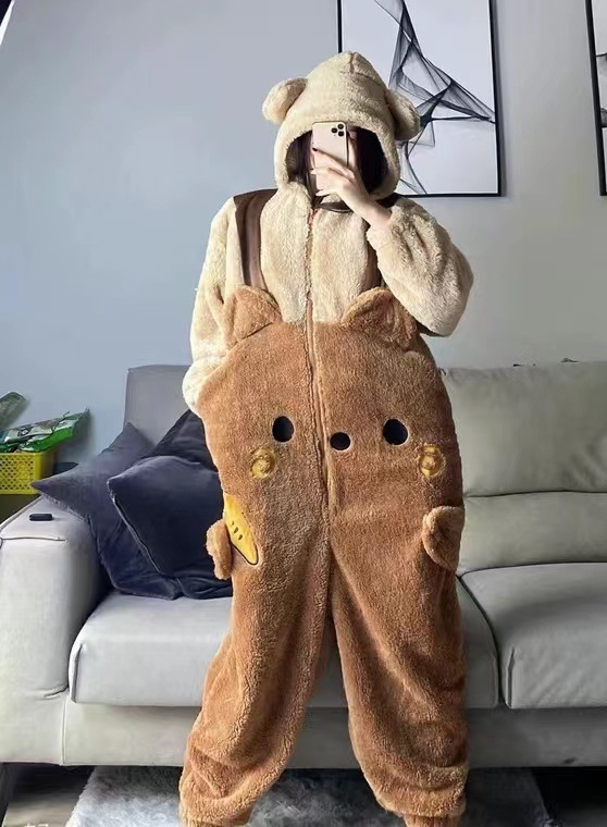 可爱秋冬季珊瑚长袖加厚卡通连体睡衣加绒新款保暖宽松连帽家居服|undefined