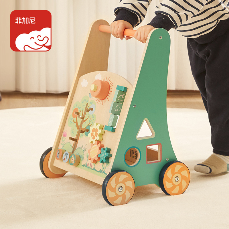 Carrito multifuncional para niños, forma de rompecabezas anti-vuelco, juguete a juego, cochecito de madera para que el bebé aprenda a caminar