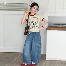 女童卡通T恤套装2026春夏季新款中大童短袖牛仔工装裤两件套休闲