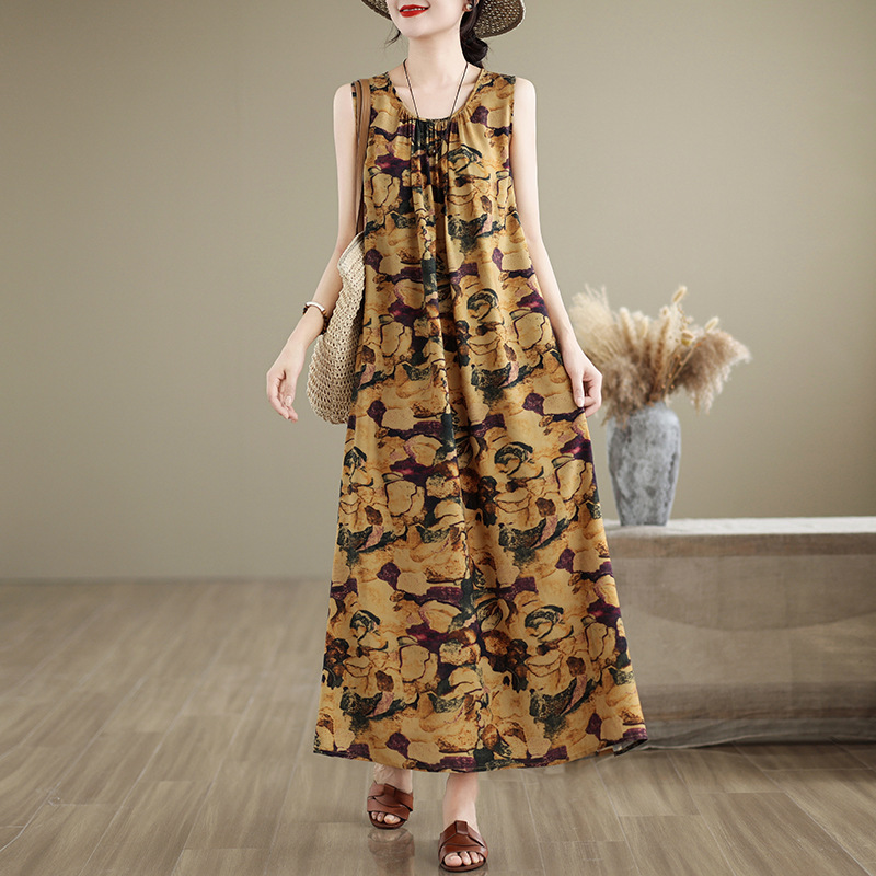 2026 New Cotton Silk Dress for Women, Summer Fashion Loose Sleeveless Round Neck Mid-Length Rayon Printed Dress