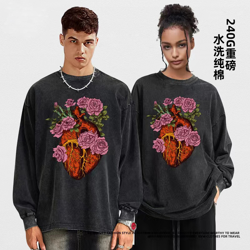 Camiseta de manga larga impresa de marca de alta calle oscura, camiseta para hombres, camiseta de base de pareja suelta de tamaño grande