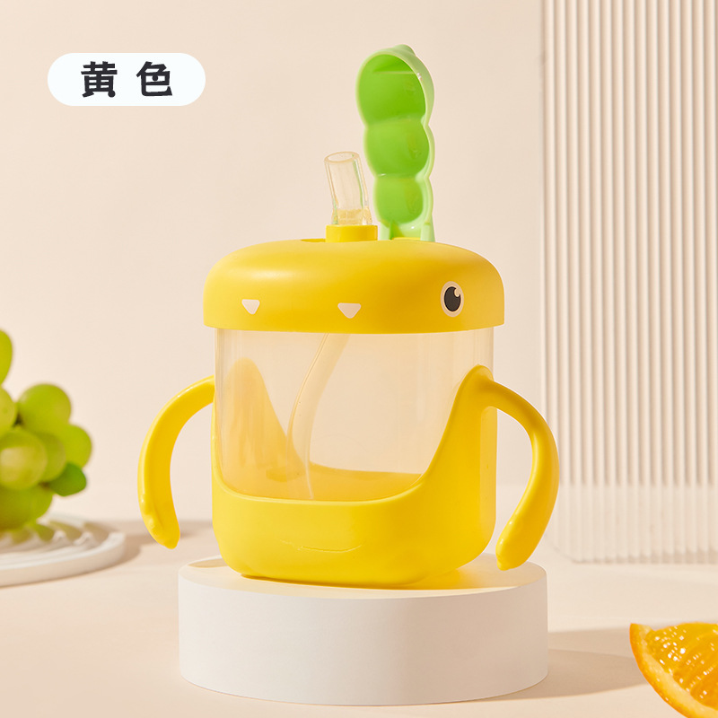 Dinosaurio de dibujos animados taza de aprendizaje infantil con mango, escala de jardín de infantes, taza de paja para bebés, taza de leche, regalo de leche