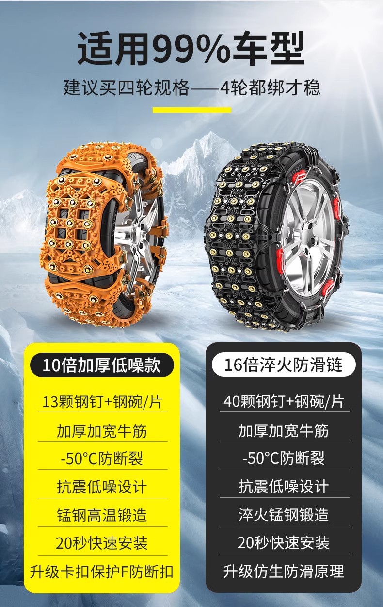 Tire Anti-Slip Chains for Cars and Suvs, Universal Type, Won'T Damage Tires, New Snow-Weather Rubber Straps for Getting Out of Trouble