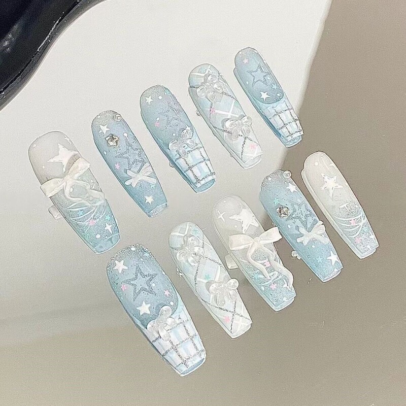 Xiaohongshu's Trendy Handmade Press-On Nails with Blue Bowknot, Dazzling Cat Eye, and High-End Feel, New Nail Art Style Xiaohongshu's Trendy Handmade Press-On Nails with Blue Bowknot, Dazzling Cat Eye, and High-End Feel, New Nail Art Style