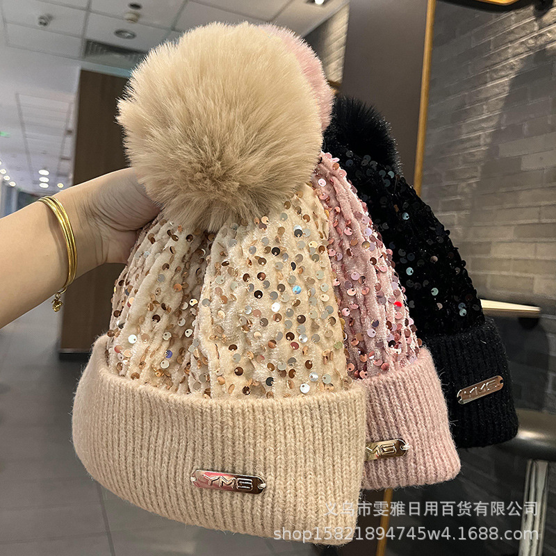 秋冬の新型のスパンコールは毛玉の毛糸の帽子の子供のファッションの冬の屋外の保温のニットの帽子のスキーの冷たい帽子を持ちます。|undefined