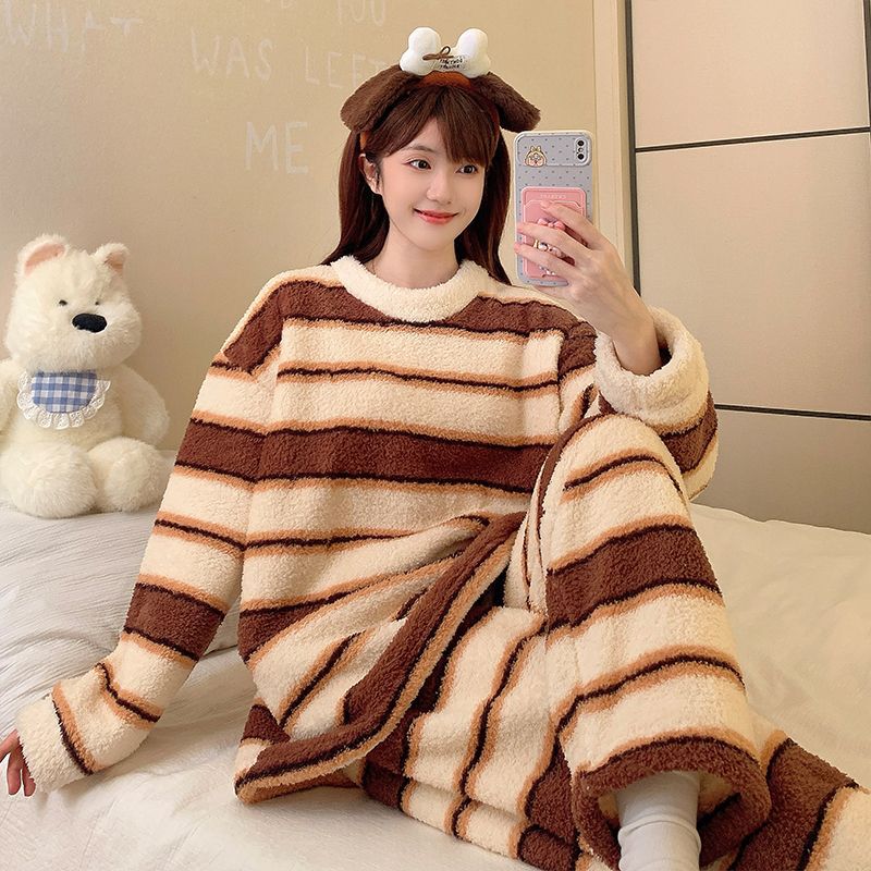 半边绒睡衣女秋冬季加绒加厚保暖舒适可外穿女士法兰绒家居服套装