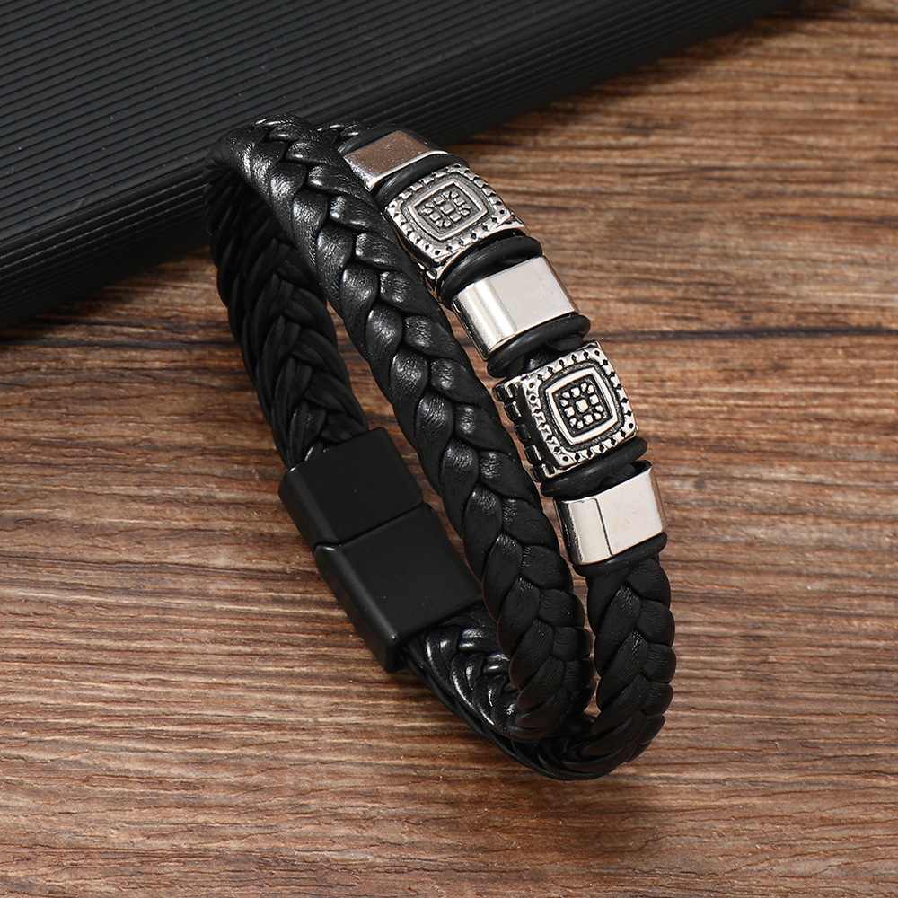 28g Weight Bangle Classification Classic Style Solid Color Pu Leather Alloy Irregular Men's Bangle Men Cord & Leather Bracelets
