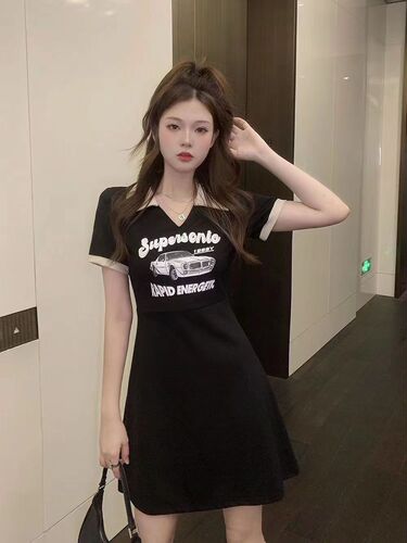 Large size women's clothing fat mm American polo neck dress  new summer printed waist skirt to show slimming and cover flesh