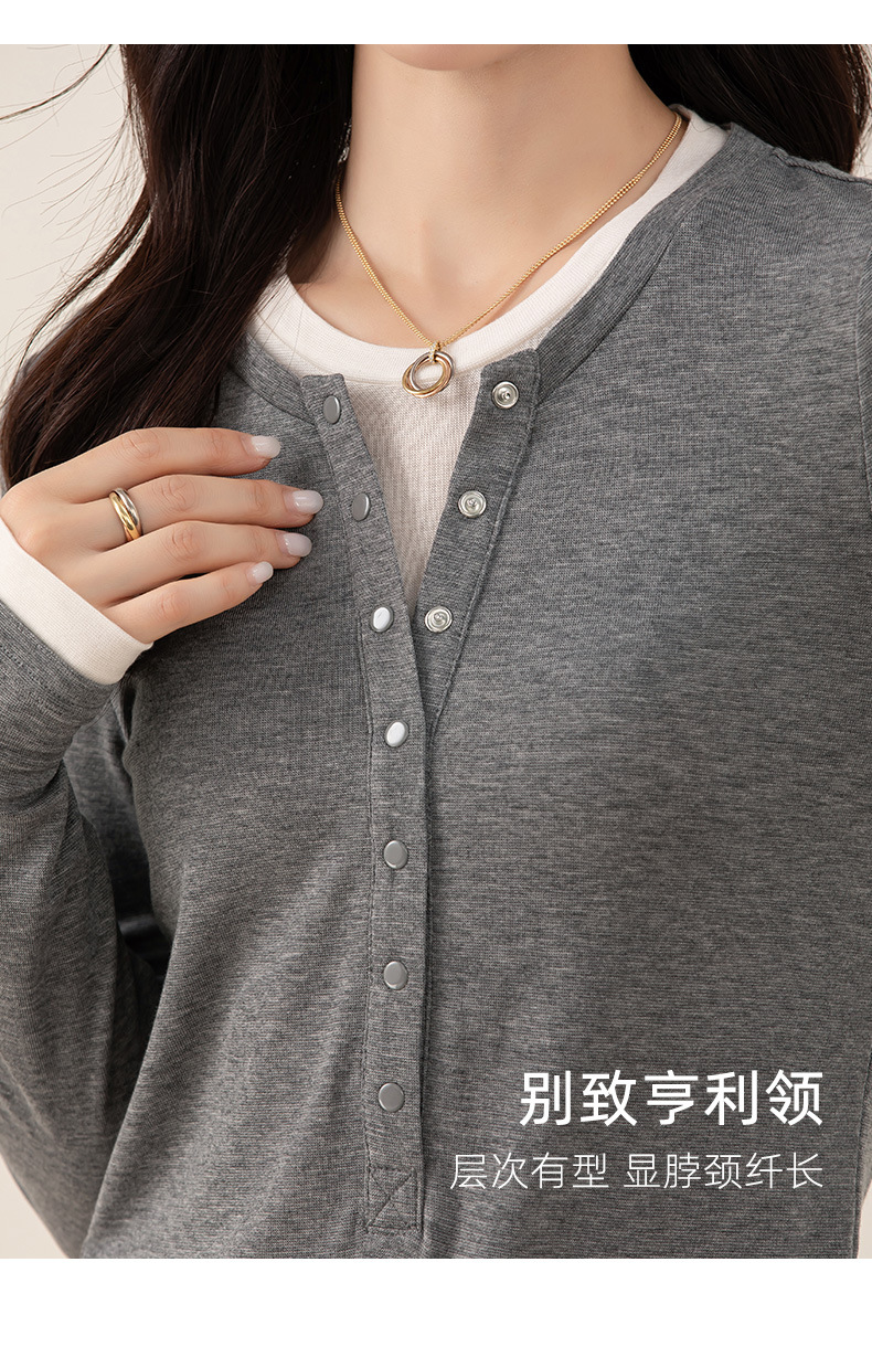 Áo thun giả hai mảnh nữ cổ tròn, chất len Tencel mỏng nhẹ, phối màu patchwork — đen chi tiết 18